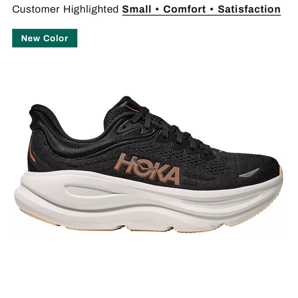 Hoka Bondi 9 Running Shoe NIB/NWT; black/white/tan/rose gold. Size US 7B
